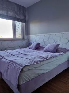 - une chambre dotée d'un grand lit avec des draps violets et d'une fenêtre dans l'établissement Apartament Lawendowy, à Jastrzębia Góra