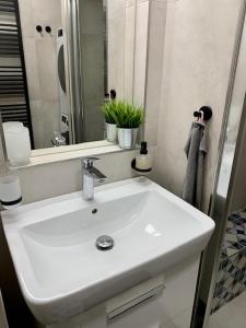 La salle de bains est pourvue d'un lavabo blanc et d'un miroir. dans l'établissement Apartmán Šnyt Primka, à Olomouc