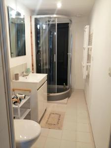 La salle de bains est pourvue d'une douche, d'un lavabo et de toilettes. dans l'établissement Villa portiragnes, à Portiragnes