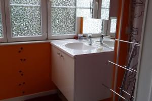 Un baño con lavabo y dos ventanas. en Chez Ghys, en Eaux-Bonnes
