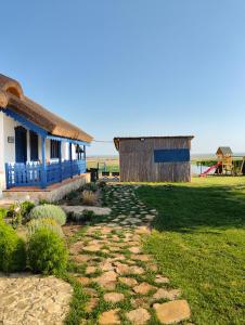 a house with a blue roof and a grass yard at Portita spre Delta in Jurilovca