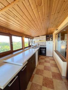 カヴァルナにあるGuest House Italiaの木製の天井とカウンタートップが備わるキッチン