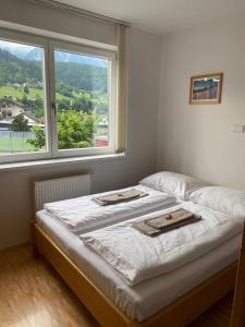 Bett in einem Zimmer mit einem großen Fenster in der Unterkunft Deluxe Apartment DONNA in Schladming