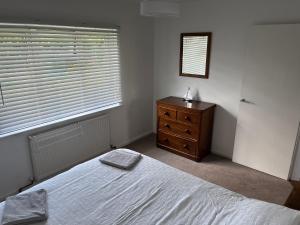 a bedroom with a bed and a dresser and a window at Spacious one bed apartment in a quiet leafy close. in Barnstaple