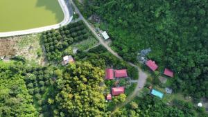 an overhead view of a forest with houses and a road at Cat Ba Eco Lodge Resort in Cat Ba