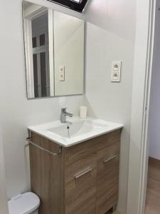 uma casa de banho com um lavatório, um espelho e um WC. em Entremares estudio a 150 metros playa em Roquetas de Mar