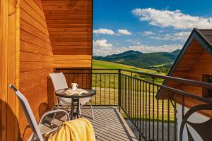 a balcony with a table and chairs and a view at Domki Pieniny in Grywałd