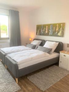 een slaapkamer met een groot bed in een kamer bij Art-Appartement in Bielefeld