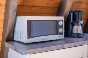 un four micro-ondes installé au-dessus d'une étagère dans l'établissement Ferienwohnpark Immenstaad am Bodensee Nurdachhaus Typ 7 ND 33, à Immenstaad am Bodensee