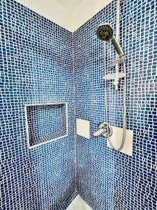 baño con ducha en una pared de azulejos azules en B&B Vivaldi, en Palermo