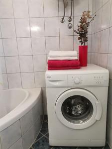 uma casa de banho com uma máquina de lavar roupa e uma banheira em Haus MARE - entspannen & sonnenbaden em Viskovo
