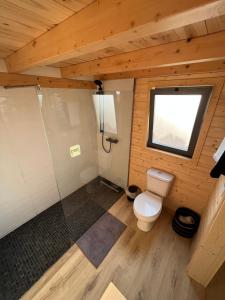 a small bathroom with a toilet and a window at Wood11 - Charming TinyHouse in a Lovely Garden in Santa Bárbara de Nexe +26 photos