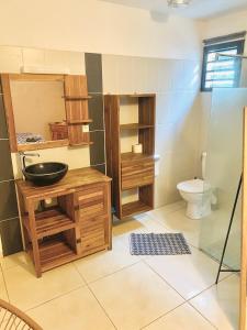 ein Bad mit einem Waschbecken und einem WC in der Unterkunft Le MélanZé in Grande Anse