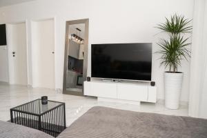 uma sala de estar com uma televisão grande e dois vasos de plantas em Apartment Adam em Zadar