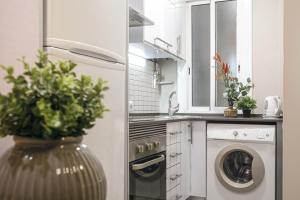 a kitchen with a washing machine and a vase with plants at Suite Place Barcelona Diputació in Barcelona