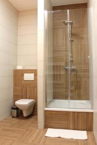 łazienka z prysznicem, toaletą i wanną w obiekcie APART MAZURY Apartamenty na Mazurach w Orzyszu