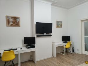 een kamer met twee bureaus en een tv aan de muur bij The Brussels-Laken Appartement in Brussel