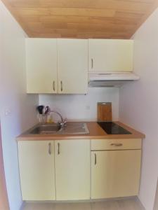 a kitchen with white cabinets and a sink at Camping familial les chalets d'Uza in Uza