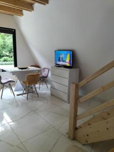 uma sala de estar com uma televisão e uma mesa e cadeiras em Cabana A Morarului em Teiuş