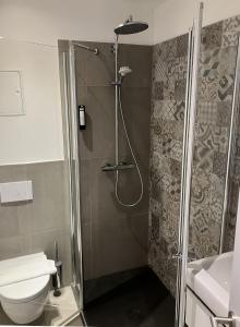 a bathroom with a shower with a toilet and a sink at Fährhaus Hotel am Rhein by Mayburgh in Düsseldorf