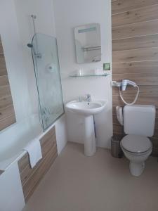 a bathroom with a toilet and a sink and a shower at Hôtel La Parenthèse in Attignat