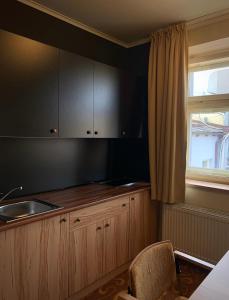 eine Küche mit Holzschränken, einem Waschbecken und einem Fenster in der Unterkunft Hotel Zlatá Včela in Domažlice