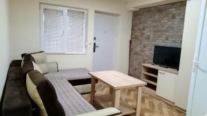 a living room with a couch and a table and a tv at Villa & Apartments Petkoski in Ohrid