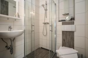 a bathroom with a shower and a sink and a toilet at FeWo 1 ''Am Rodelberg'' in Priborn +41 photos