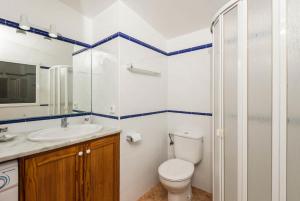 a bathroom with a toilet and a sink and a shower at Villa Palmera in Cala'n Porter +16 photos