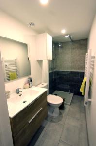 a bathroom with a sink and a toilet and a shower at Joli appartement avec balcon au coeur de Forcalquier in Forcalquier