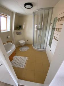 a bathroom with a shower and a toilet at Appartement Oldenburg in Bergen