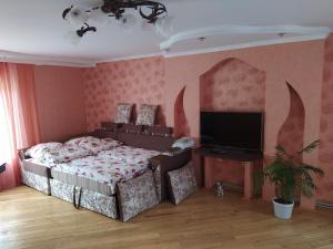 1 dormitorio con 1 cama y TV de pantalla plana en Гостьовий будинок en Izki