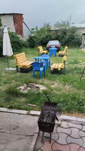 a group of picnic tables and benches in a field at Nomadstan CAPSULE Hostel in Karakol