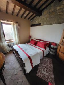 AlleronaCountry House La Collina di Bargiano - Casa Raffaella的卧室里有一张大床，配有红色枕头 更多37张照片