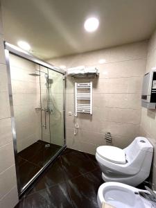 a bathroom with a shower and a toilet and a sink at Dreamland Oasis Chakvi apartment 1406 in Chakvi