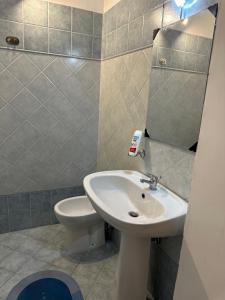 een badkamer met een wastafel, een toilet en een spiegel bij San Damiano Inn in Catania