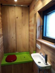 a small bathroom with a sink and a window at La Bucolique de Tahier in Ohey