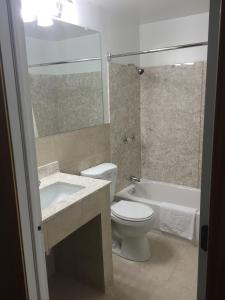 Un baño con inodoro, lavabo y bañera. en Budget Inn - Cambridge, en Fairdale