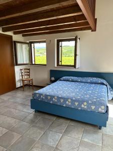 a bedroom with a blue bed and a chair at Agriturismo Fioravante in San Pietro in Cariano