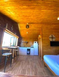 Cosy Portmor Log Cabin في Malin Head: غرفة مع مطبخ وطاولة وكراسي