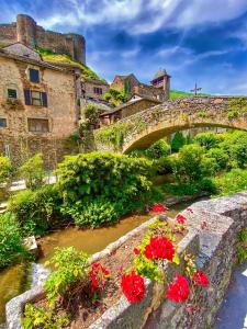 un puente de piedra sobre un río con flores rojas en La Bruyère, en Brousse-le-Château