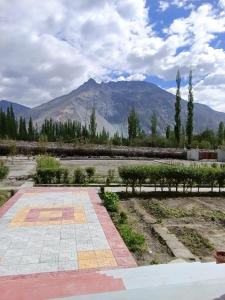 a view of a garden with mountains in the background at Maryoul Guest House, Hunder Nubra in Hundar