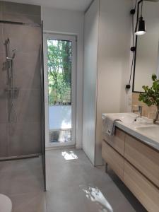 a bathroom with a shower and a sink and a mirror at Źródlana Apartamenty - całoroczne domy na wyłączność in Odargowo