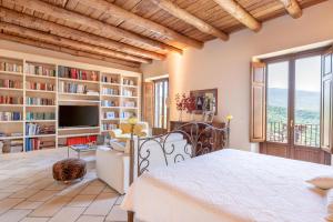 a bedroom with a bed and a tv and bookshelves at La Dimora del Castelluccio in Castiglione di Sicilia