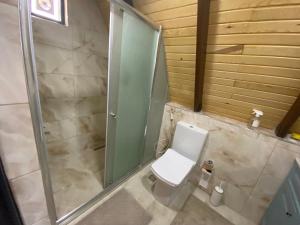 a bathroom with a toilet and a glass shower at Private Bungalow in Trabzon