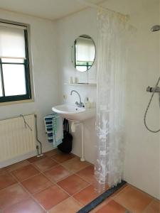een badkamer met een wastafel en een spiegel bij Mooie 6 persoons vakantieboerderij in de Achterhoek in Eibergen