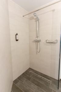 een douche met een glazen deur in een badkamer bij Downtown Sibiu in Sibiu