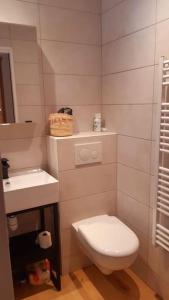 uma casa de banho branca com um WC e um lavatório em Les Carroz d'Arâches, joli studio plein centre. 