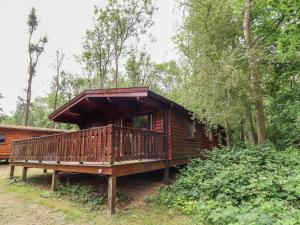 eine Hütte im Wald mit einer Terrasse in der Unterkunft The Great Escape in Louth