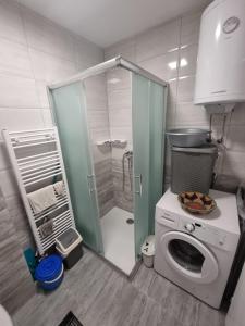 a small bathroom with a washing machine and a shower at Apartman Baban 1 in Kiseljak